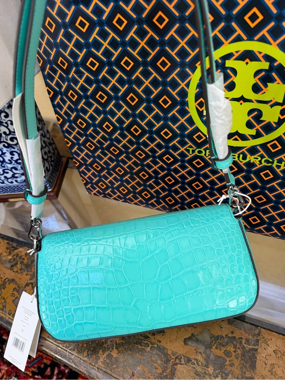 Tory Burch Aqua Croc-Embossed Shoulder Bag